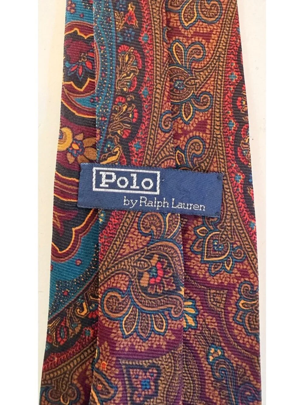 Polo By Ralph Lauren Vintage Silk Tie Paisley Print Burgundy & Blue Made In USA